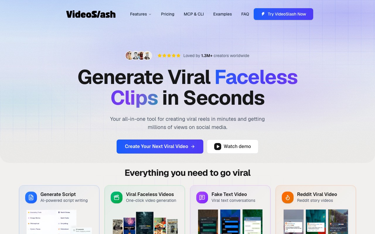Videoslash homepage with the headline Generate Viral Faceless Clips in Seconds, an MCP and CLI nav link, and feature cards for script generation, faceless videos, fake text videos, and Reddit videos