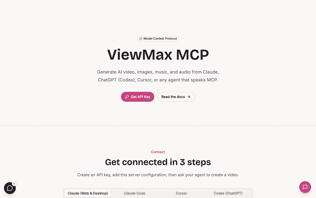 ViewMax Studio MCP page with the headline ViewMax MCP, a Get API Key button, and a three step connect section