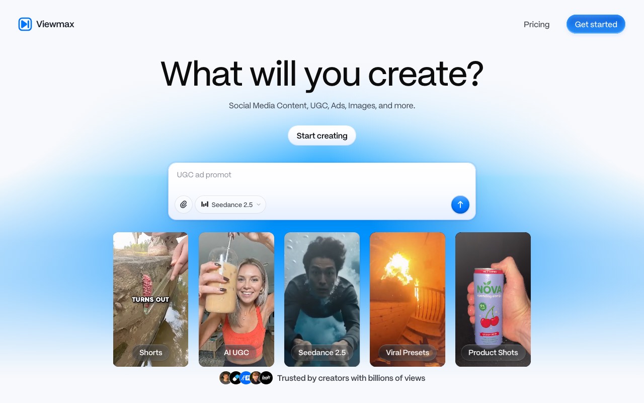 Viewmax homepage with a prompt box, a Seedance 2.5 model picker, and example cards for Shorts, AI UGC, viral presets, and product shots
