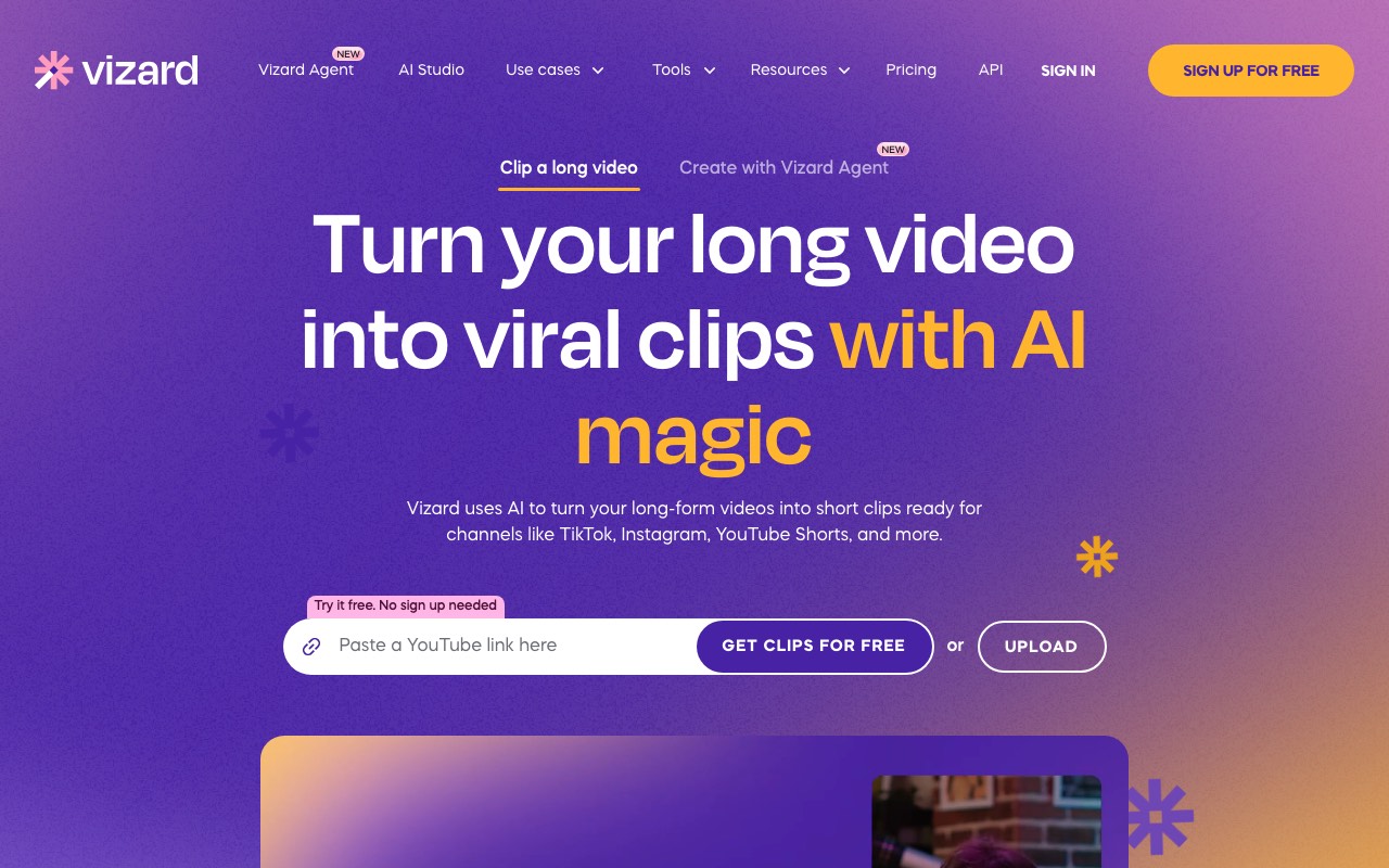 Vizard homepage with the headline Turn your long video into viral clips with AI magic