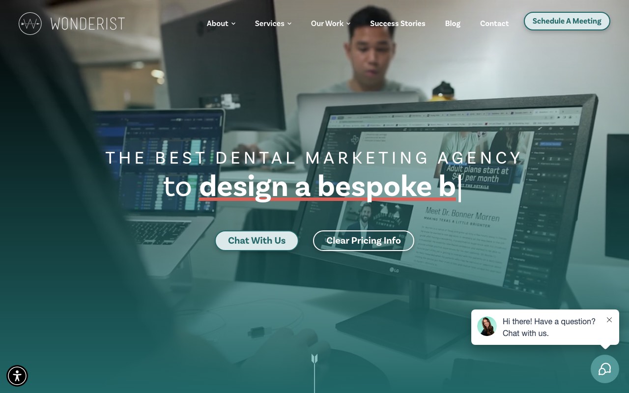 Wonderist Agency homepage with the headline calling itself the best dental marketing agency and a Clear Pricing Info button