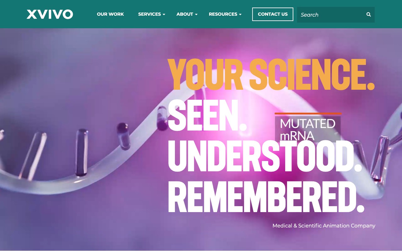 XVIVO homepage with the headline Your science. Seen. Understood. Remembered. over a DNA strand, and the tagline Medical and Scientific Animation Company