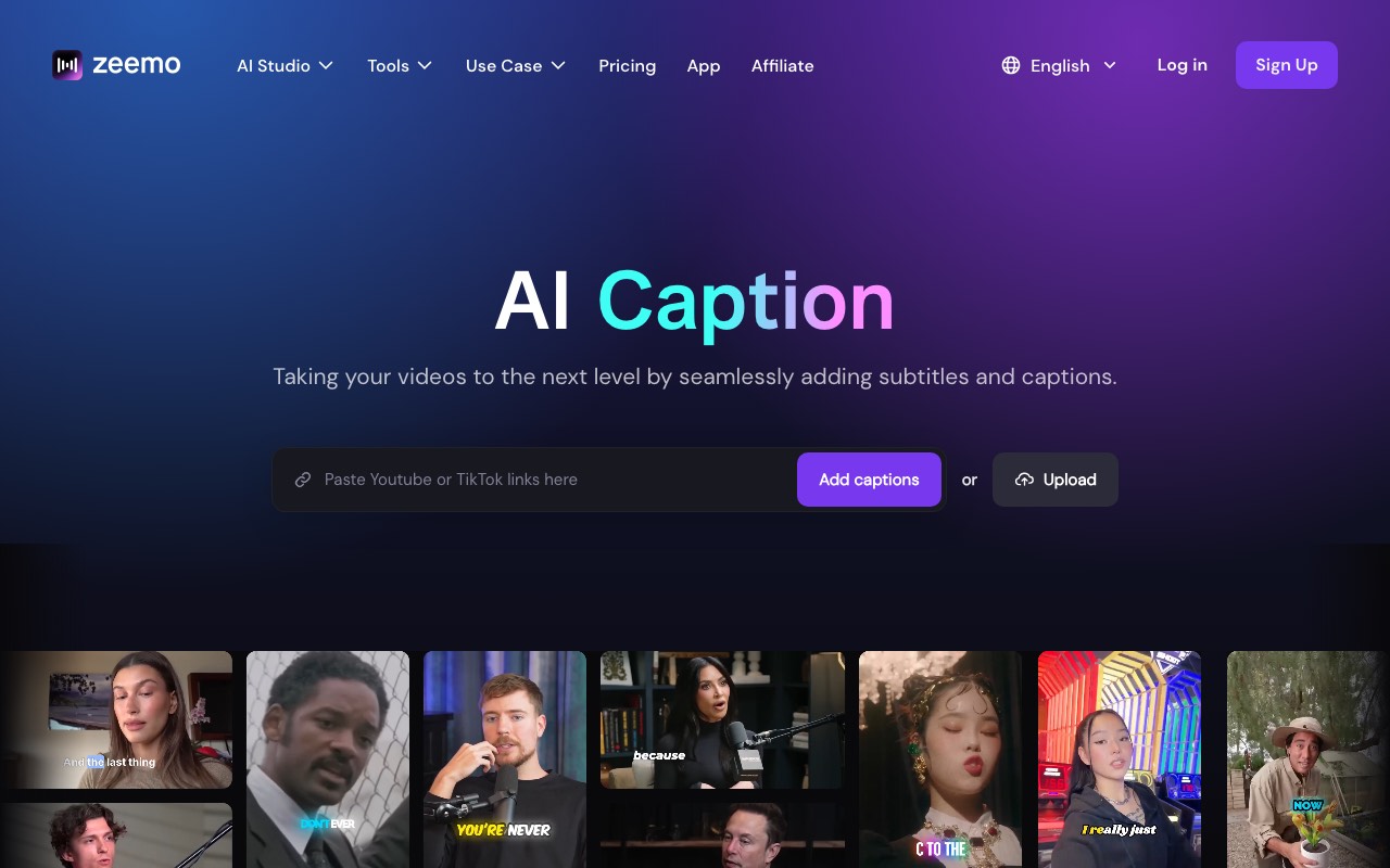 Zeemo AI Caption page with a box to paste a YouTube or TikTok link or upload a video